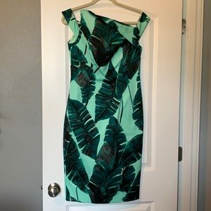 NEW tropical leaf pattern satin midi pencil dress US 8